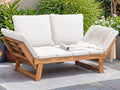 Devoko Outdoor Couch Acacia Wood Patio Couch with Adjustable Armrests, Outdoor Convertible Sofa with Removable Cushions & Pillows for Patio, Porch, Poolside(White)