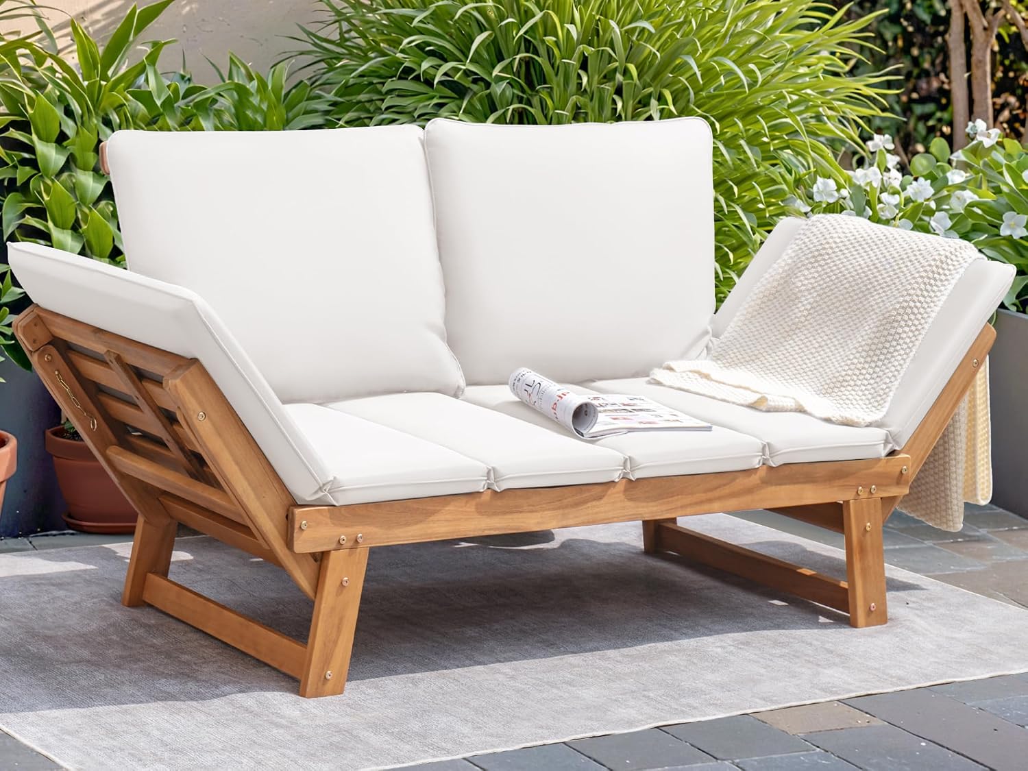 Devoko Outdoor Couch Acacia Wood Patio Couch with Adjustable Armrests, Outdoor Convertible Sofa with Removable Cushions & Pillows for Patio, Porch, Poolside(White)