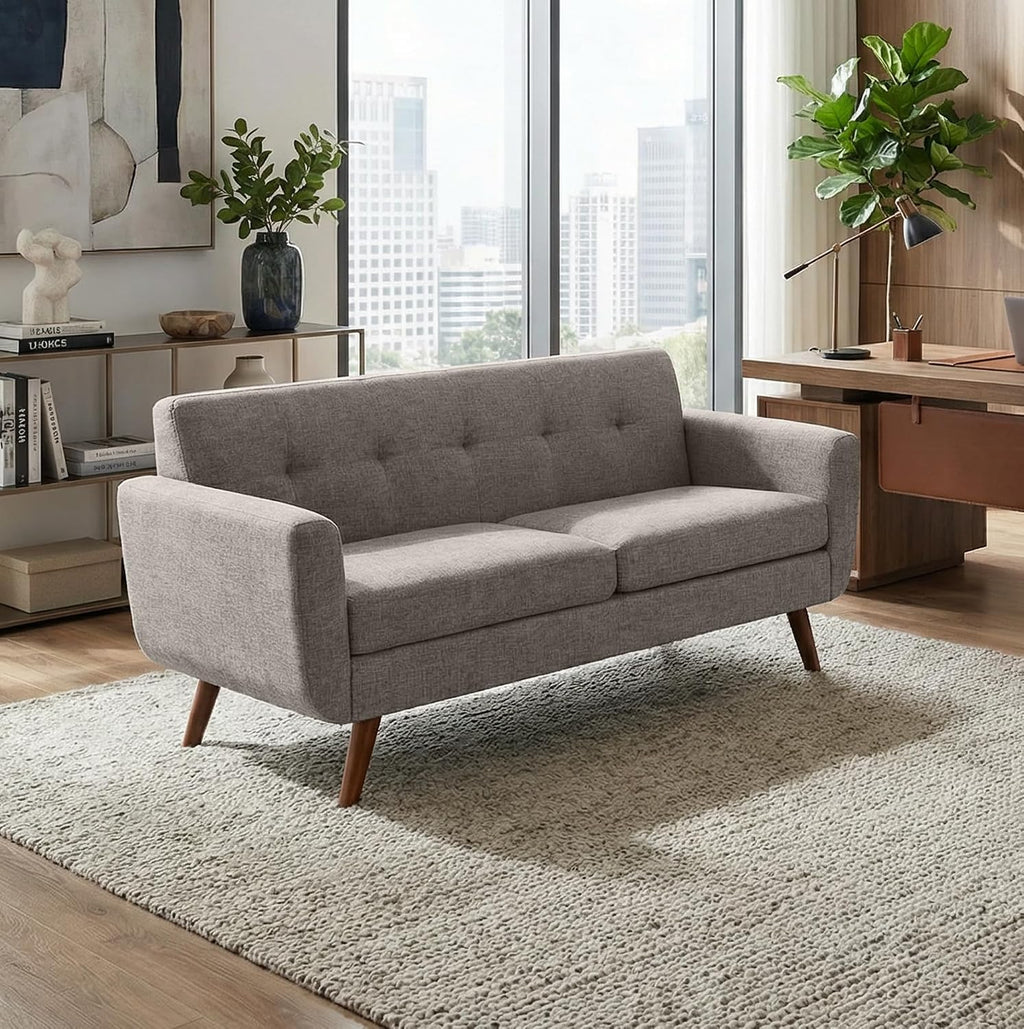 Tbfit 65' W Loveseat Sofa, Mid Century Modern Love Seat Couches for Living Room, Button Tufted Upholstered Small Couch for Bedroom, Solid and Easy to Install Love Seats Furniture, Ash-Colored