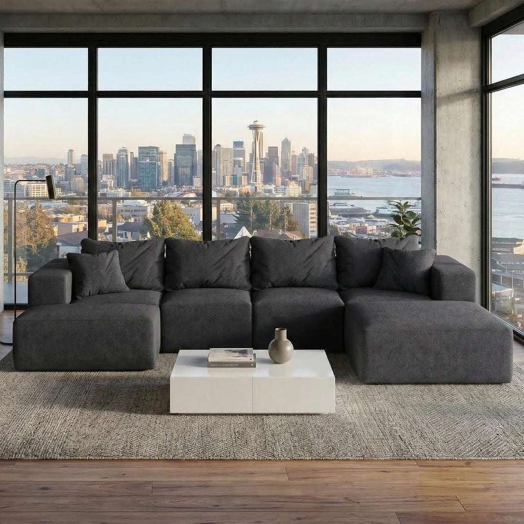 132' Modular Sectional Sleeper Sofa Couch, Modern Cloud Chenille Sectional Couch with Ottoman, Boneless U Shape Couches for Living Room, Free Combination, No Assembly Required, Black