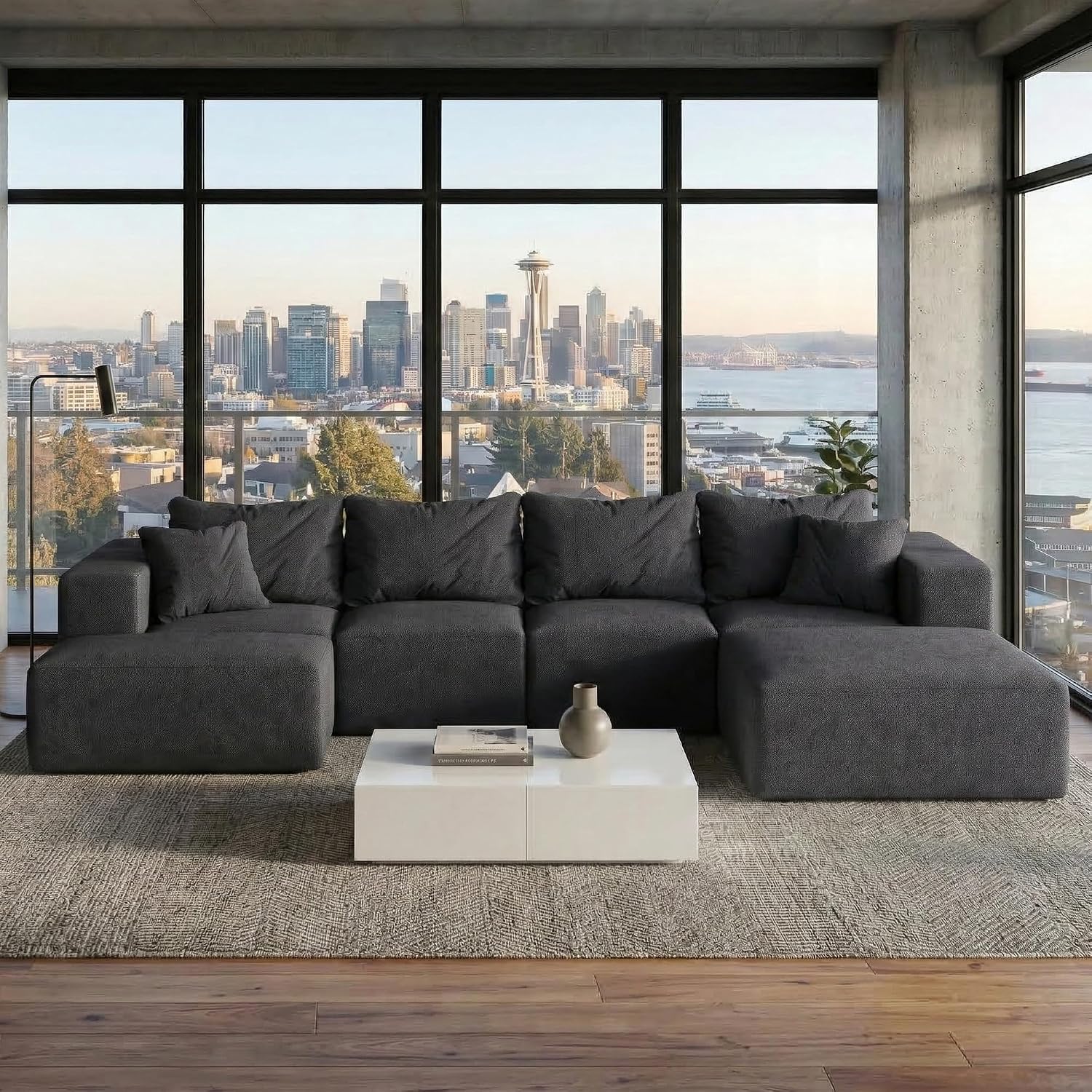 132' Modular Sectional Sleeper Sofa Couch, Modern Cloud Chenille Sectional Couch with Ottoman, Boneless U Shape Couches for Living Room, Free Combination, No Assembly Required, Black