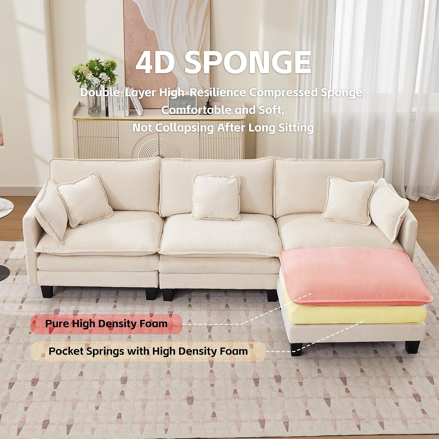 Opiesit Modular Sectional Sofa with Movable Ottoman, 110' 4-Seat Modern Couches for Living Room, Comfy L Shaped Couch Set with Deep Seat for Office and Apartment, Beige Chenille Fabric