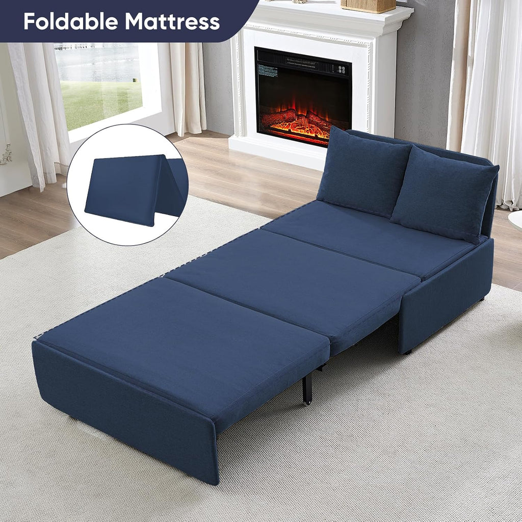 CECER 43.3' Convertible Sofa Bed，Twin Size Pull Out Sofa Bed with 2 Pillows，3 in 1 Linen Sleeper Sofa with Mattress for Small Space-Dark Blue