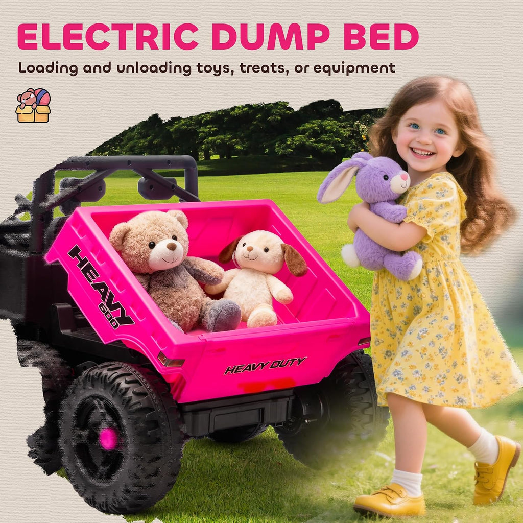 Qaba 24V Kids Ride On Car with 6 Wheels, 4WD Electric Ride On Dump Truck with Remote Control, Wheel Suspension, Off-Road UTV with LED Lights, Horn and Music for Kids 3-6 Years Old, Pink