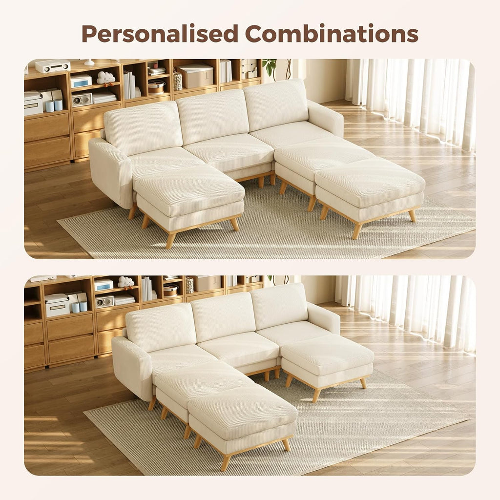 Vesgantti 97' Modular Sectional Sofa Beige, Sectional Couch with Movable Ottoman, Comfy Corduroy Couch with Spring Cushion, Modular Sofa with Deep Seat for Living Room, Bedroom and Apartment