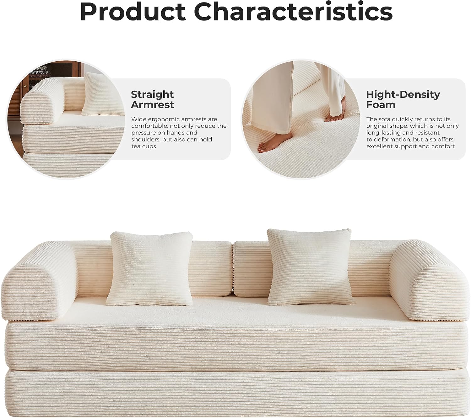79' Convertible Sofa Bed No Assembly, 5-in-1 Sleeper with Fixed Frame & Corduroy Cloud Cushion, Foldable Futon Couch for Small Apartment, Guest Room, Office (Beige White)
