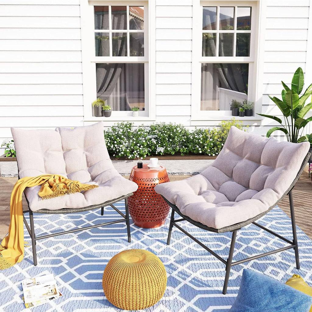 MFSTUDIO Outdoor Scoop Rattan Egg Lounge Chairs Patio Seating for 2, Comfy Outdoor Acapulco Rattan Papasan Patio Wicker Chair Set of 2 with Cushions, Outside Wicker Egg Chairs, 330lbs