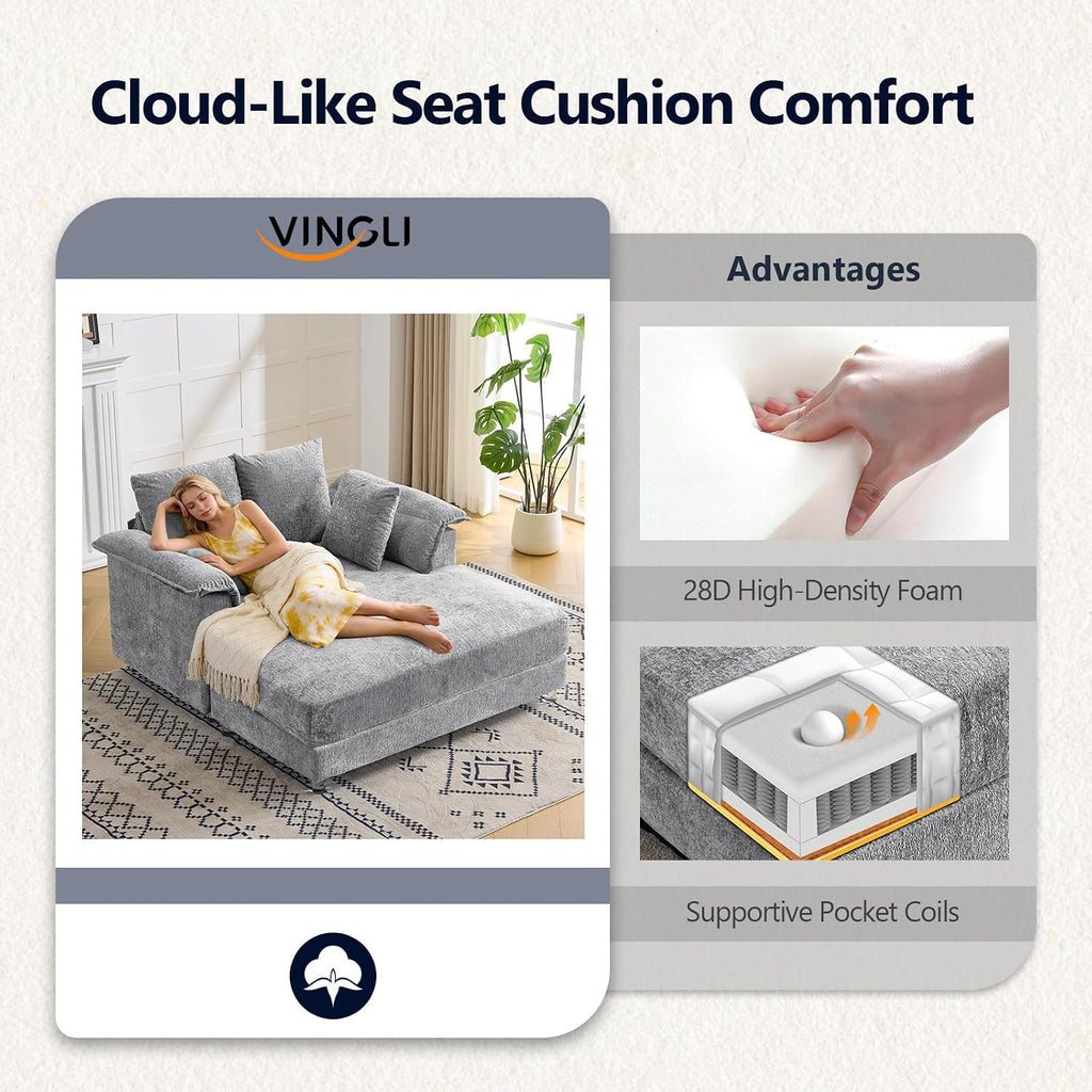VINGLI Modern Floating Chaise Lounge Chair with Acrylic Legs, Upholstered Cushion Deep Seat Lounge Sofa with Iron-Wood KD Frame, Pillow Armrest, Accent Chair for Living Room, Play Room Apartment