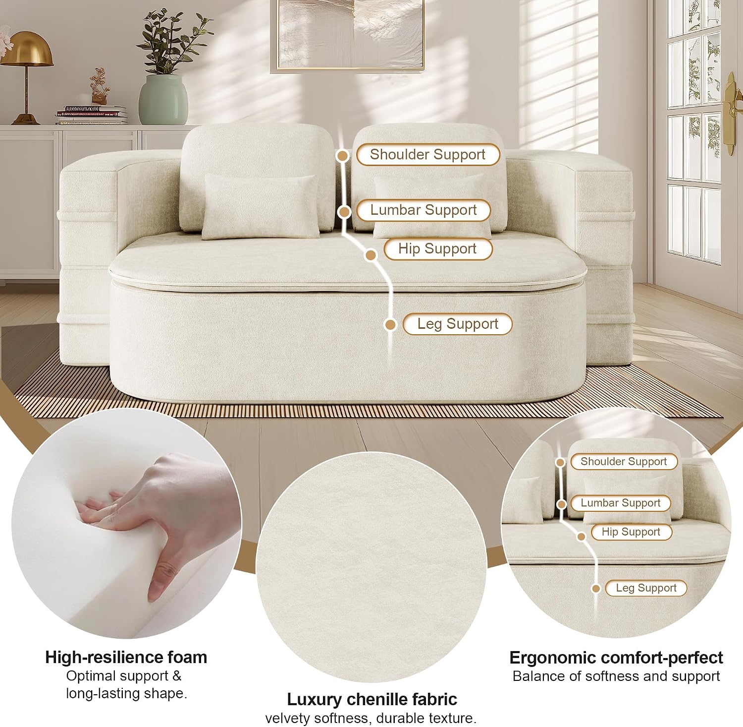 75'' Folding Sleeper Sofa Bed, Convertible Memory Foam Boneless Couch, Foldable Full Size Guest Bed, Modern 2-in-1 Futon Floor Sleeper Sofa with 4 Pillows and Blanket (Chenille, Beige1)