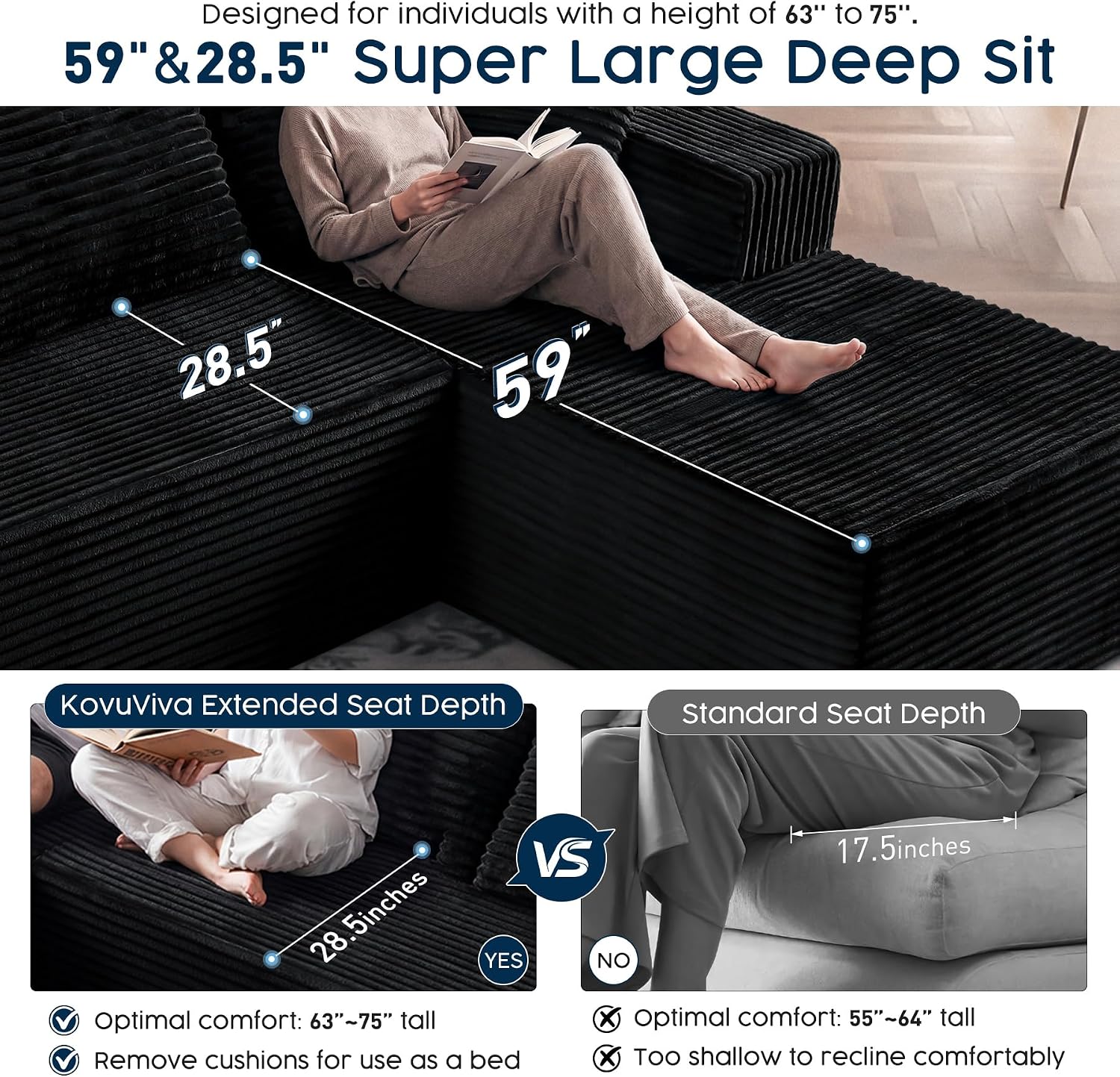 Black Sectional Couch for Living Room - 108' Modular Cloud Sofa with Chaise, Ultra Soft Corduroy L-Shaped Large Couches, Boneless Deep Seat Sectional Couch, No Assembly Required (Left Facing Chaise)