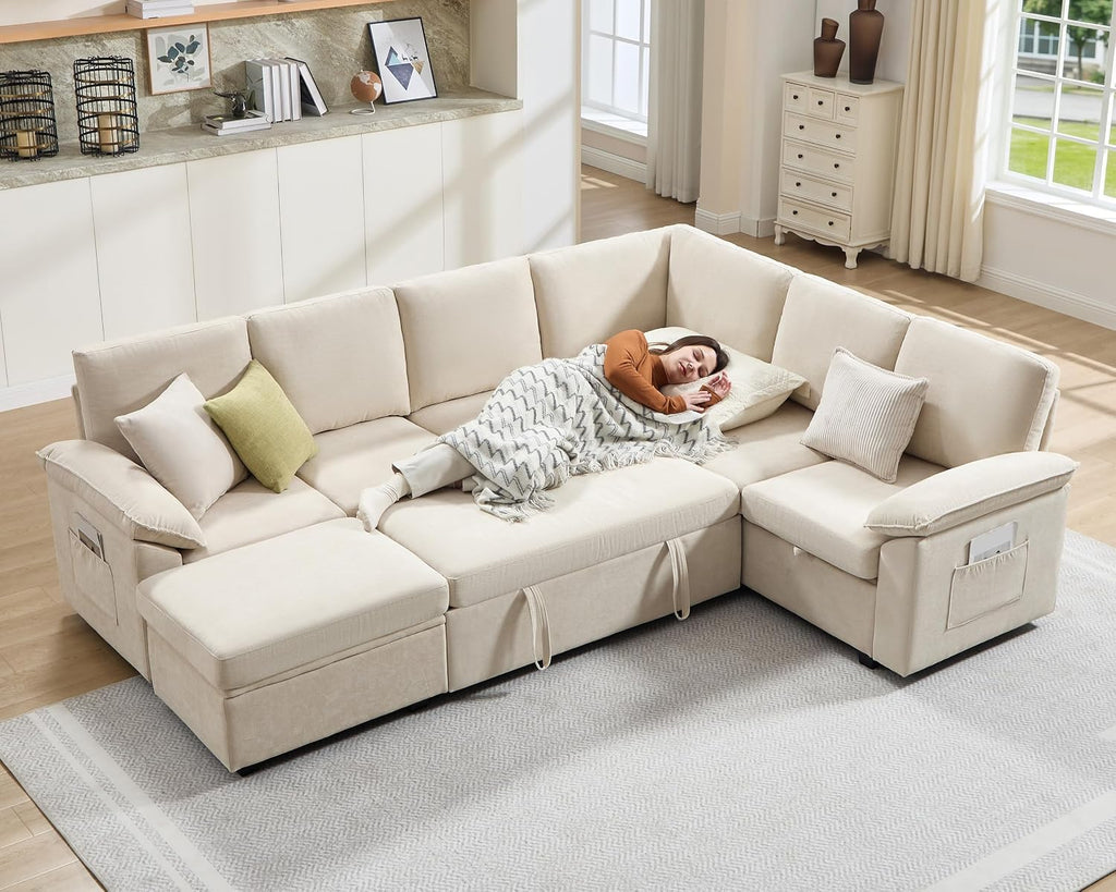 Jocisland 105' Sofa Bed, Sectional Sleeper Sofa with Pull Out Bed/Reclining Backrest, Sleeper Couch Bed with Storage, 6 Seater Couch Bed for Living Room, Chenille Beige