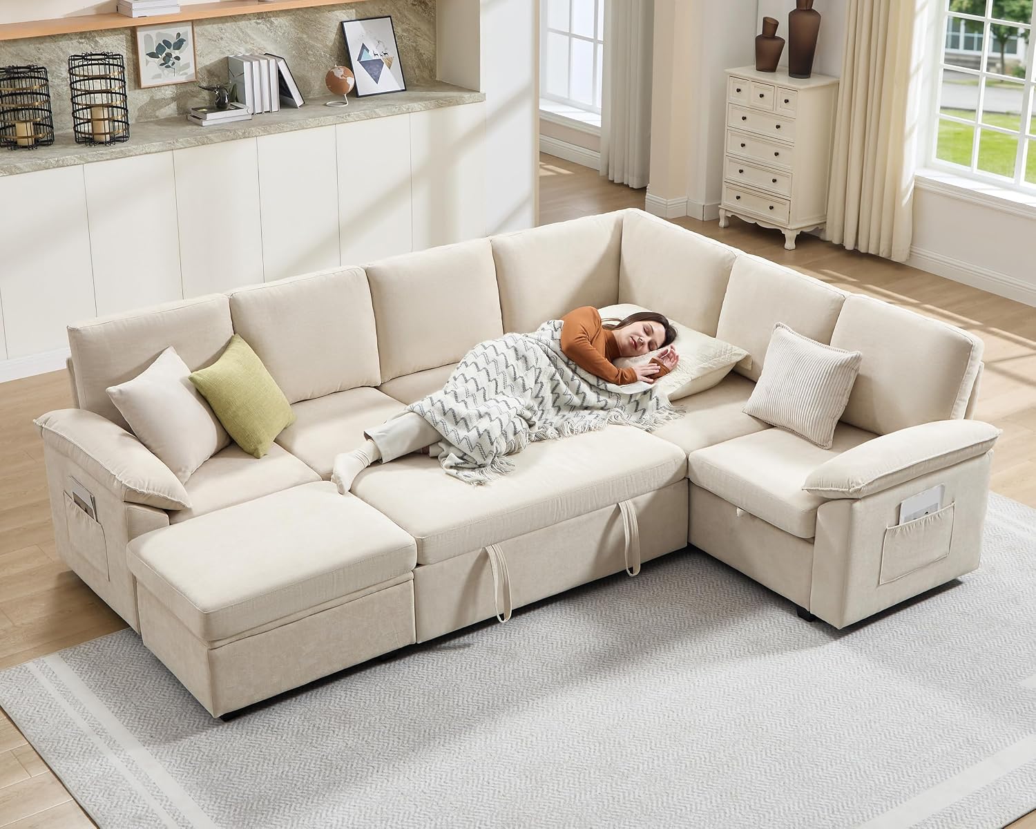 Jocisland 105' Sofa Bed, Sectional Sleeper Sofa with Pull Out Bed/Reclining Backrest, Sleeper Couch Bed with Storage, 6 Seater Couch Bed for Living Room, Chenille Beige