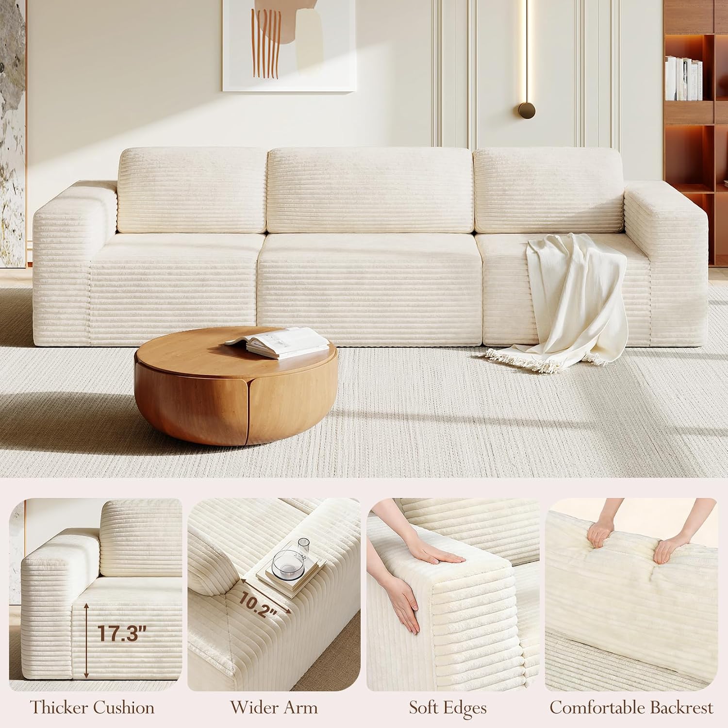 Vesgantti 119' Modular Sectional Sofa, Corduroy Cloud Couch with Deep Seating & Spring Support, 3 Seater Flexible Layout Sofa, Boneless Couch for Living Room & Apartment, No Assembly Required, Beige