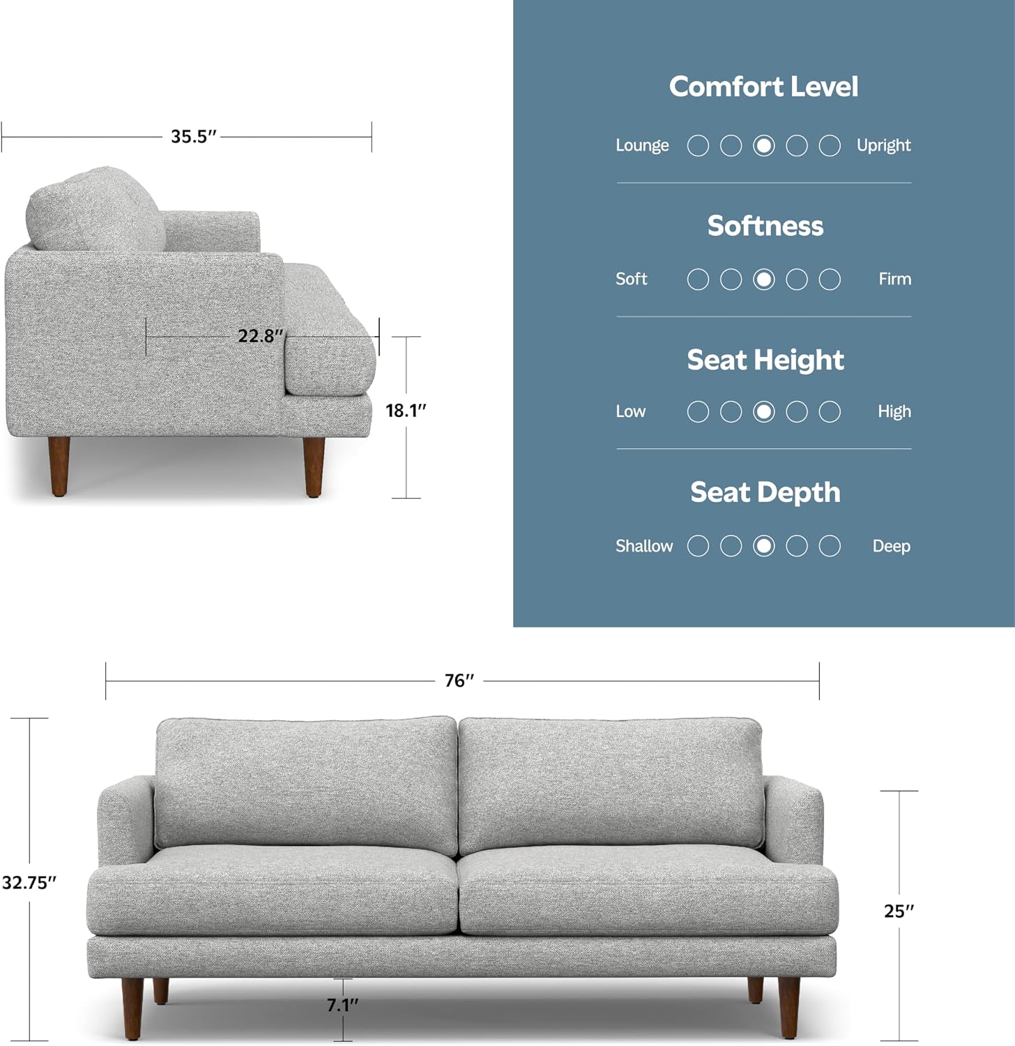 SIMPLIHOME Livingston 76' Wide x 33' High Sofa in Mist Grey Woven-Blend Fabric, Handcrafted Loveseat Couch for Living Room or Family Room, Mid-Century Modern Style, Solid Wood Frame