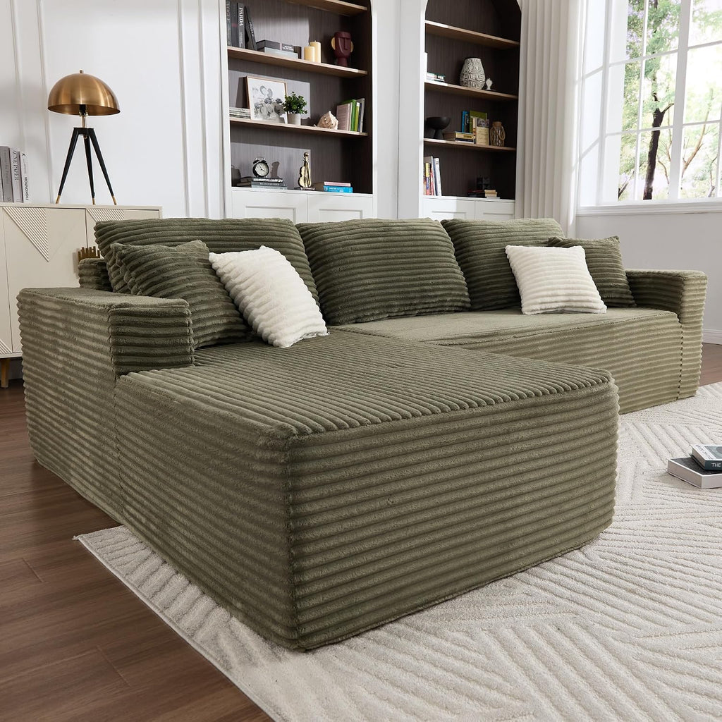 Opiesit 108' Boneless Couches for Living Room, Modular Sectional Sofa with Oversized Chaise, L-Shape Cloud Couch with Deep Seat, High-Density Memory Foam, No Assembly Required, Plush Corduroy Green