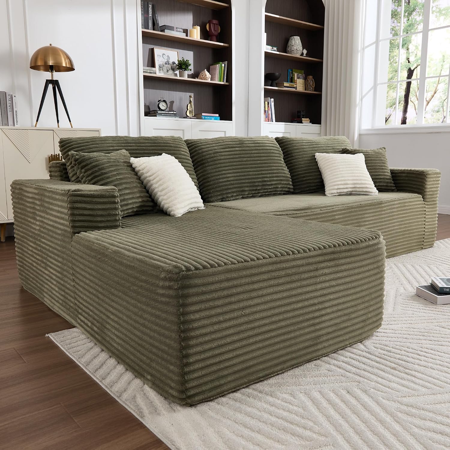 Opiesit 108' Boneless Couches for Living Room, Modular Sectional Sofa with Oversized Chaise, L-Shape Cloud Couch with Deep Seat, High-Density Memory Foam, No Assembly Required, Plush Corduroy Green