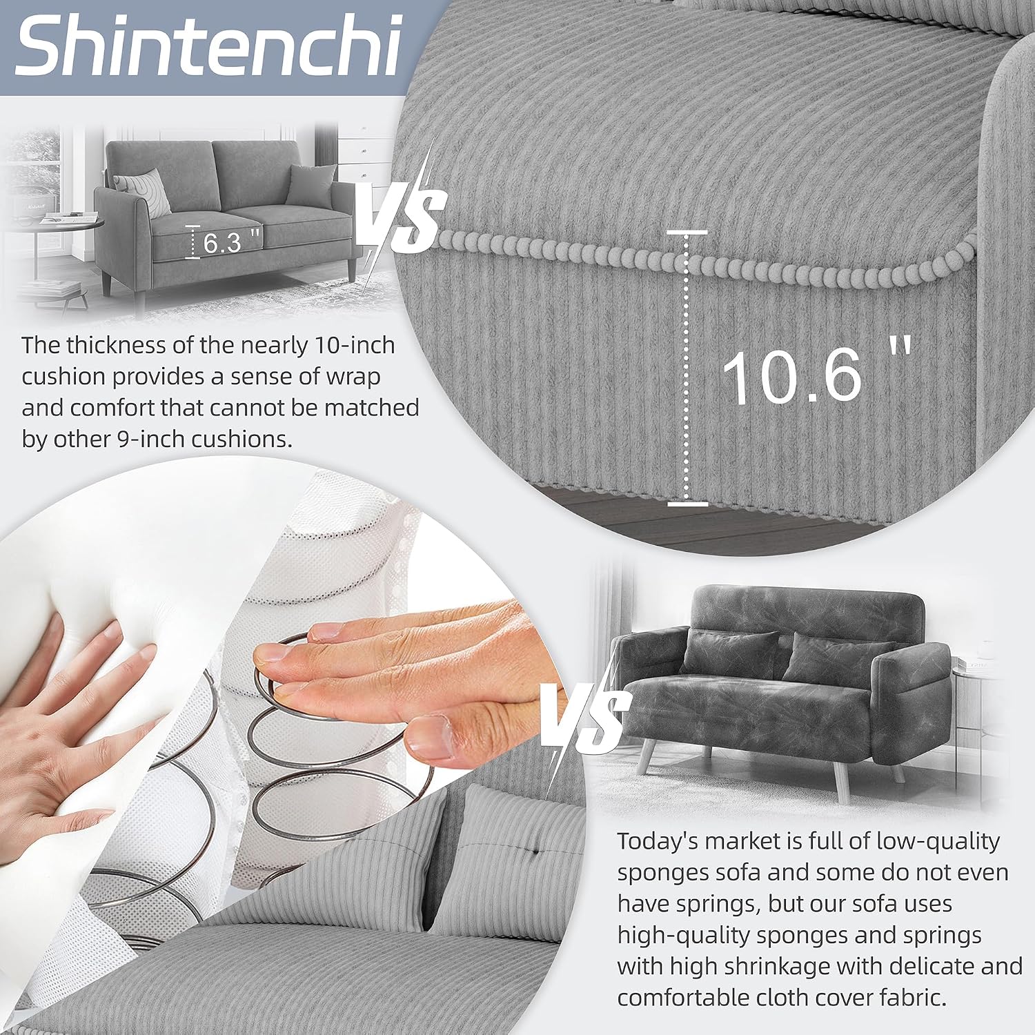 Shintenchi 48'' Loveseat Sofa, Mid-Century Modern Upholstered Couch Deep Seat with 2 Pillows, 10' Thick Cushion with Spring, Solid Wood Frame Small Couch for Living Room, Dorms & Office, Light Grey