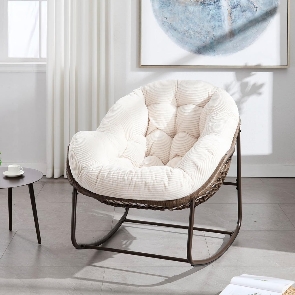 Oversized Indoor Outdoor Rocking Papasan Chair, Rattan Wicker Egg Rocking Chair with Steel Frame & Thick Corduroy Cushion, Comfy Recliner Lounger for Patio, Backyard, Balcony, Garden, White