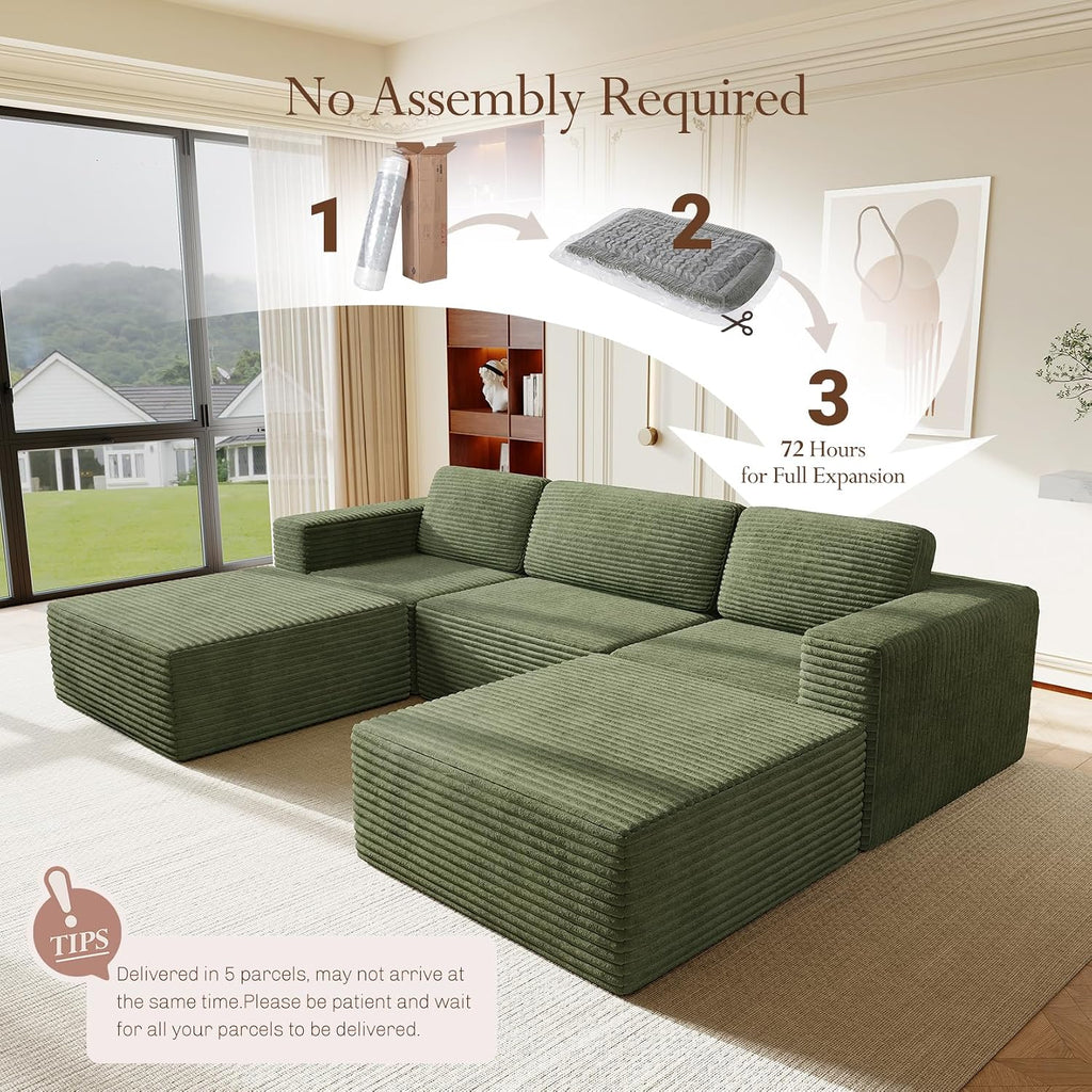 Vesgantti 119' Oversized U-Shaped Modular Sectional Sofa, Corduroy Cloud Couch with Deep Seating & Spring Support, Convertible Sofa with 2 Ottomans, Boneless Couch, No Assembly Required, Green