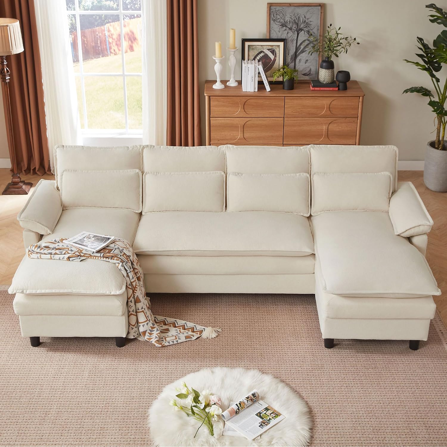Comfy Cloud Couch Sectional Sofa with Lumbar Pillows, 105' Modern U-Shaped Cloud Sofa with Double Chaise & Deep Seat, Sectional Couches for Living Room, Office, Easy Assembly, Beige