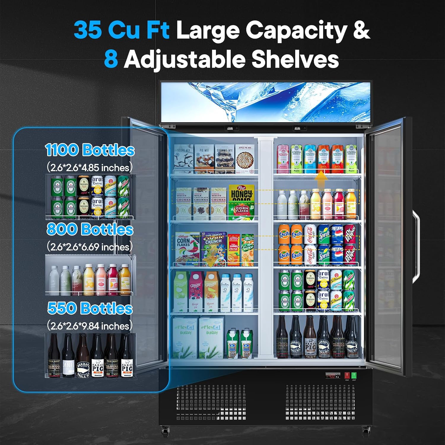 35 Cuft ETL & DOE Certified Commercial Merchandiser Refrigerators 2 Doors,Upright Display Retail Fridge Cooler with Adjustable Shelves,Built-in LED Light,Lightbox,Lockable Doors,Black,Kfreshzldm