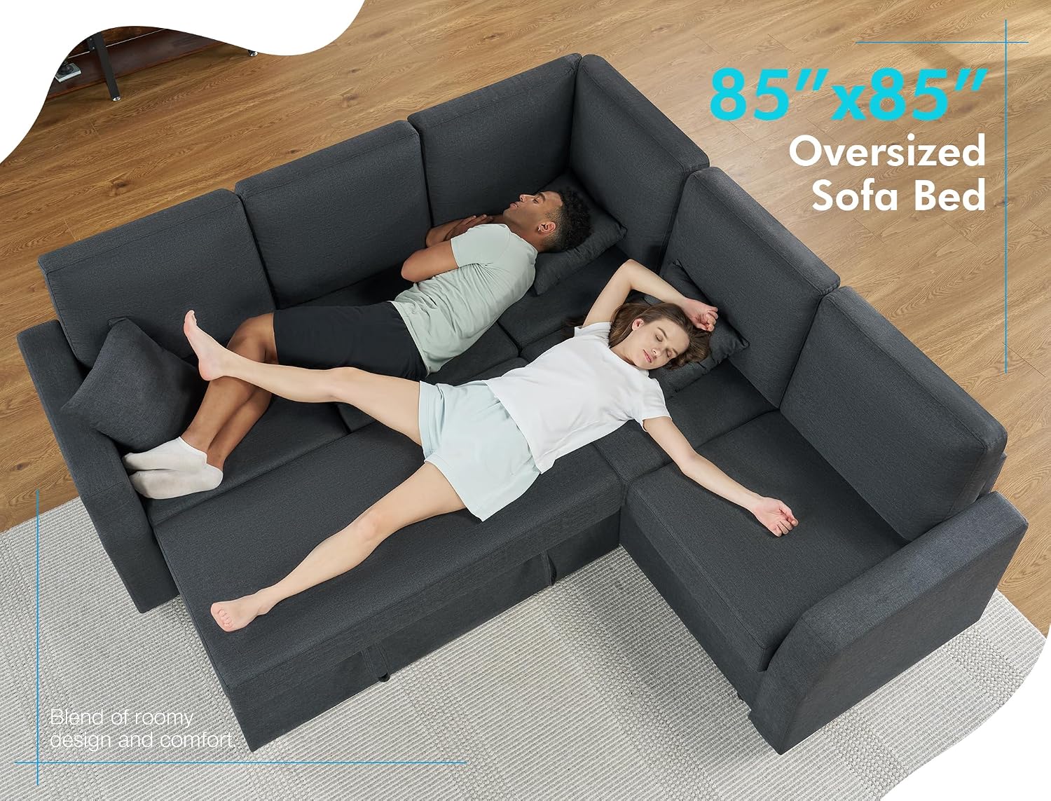 AMERLIFE Sofa Bed, 85 Inch Reversible L Shape Couch with Pull Out Bed & Storage Seat, Oversized Sectional Sleeper Bed for Living Room Apartment, Grey Linen Sleeper Sofa Couch