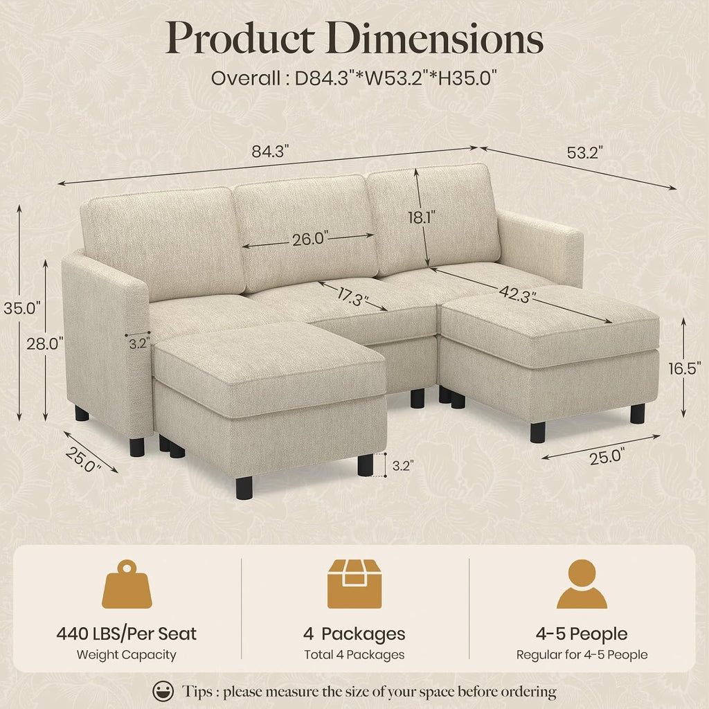 Belffin 84.3' 5 Seats U Shaped Couch Modular Sectional Sofa Washable Sectional Couches for Living Room Comfy Couches with Storage Seat Couch Sofas with Chaise,Beige