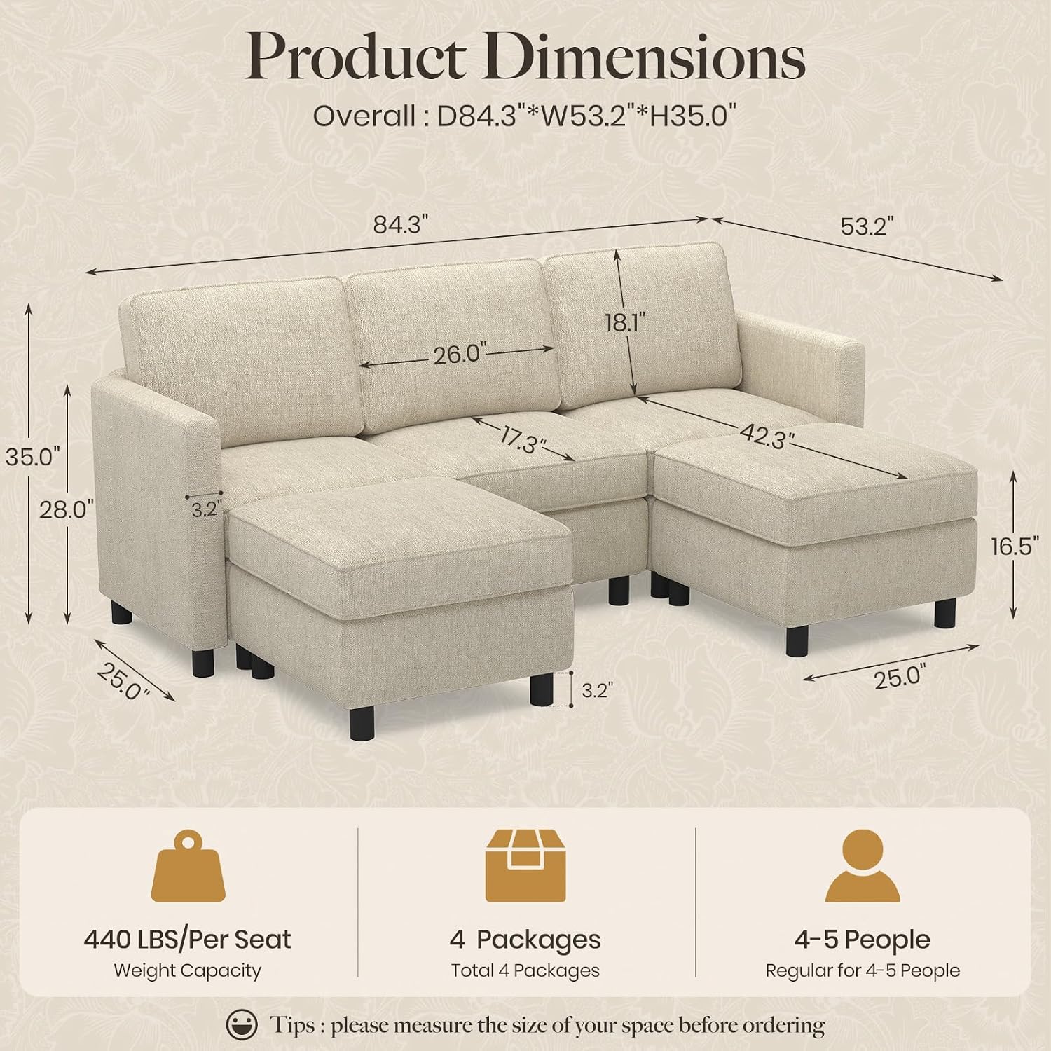 Belffin 84.3' 5 Seats U Shaped Couch Modular Sectional Sofa Washable Sectional Couches for Living Room Comfy Couches with Storage Seat Couch Sofas with Chaise,Beige