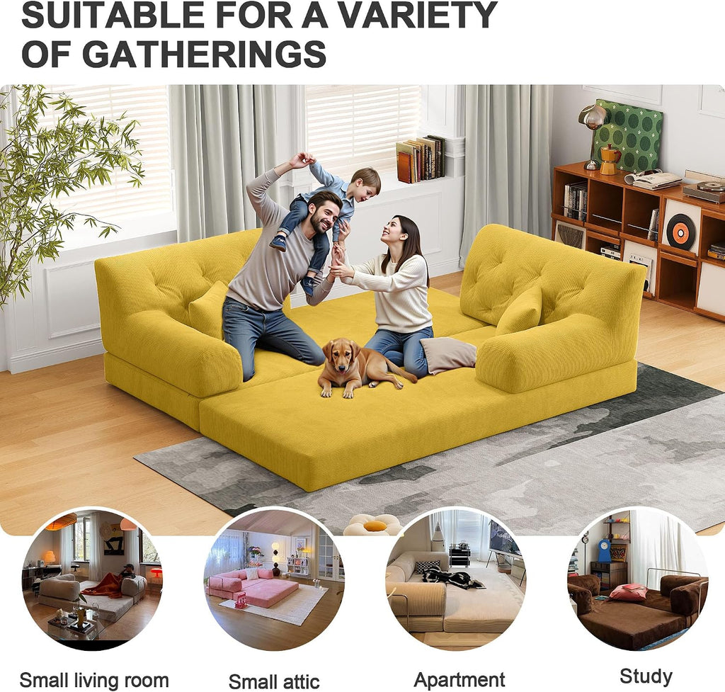 79' Convertible Sofa Bed with Pillows, Corduroy Folding Sleeper Sofa with Fixed-Shape Frame, Boneless Couch for Living Room Bedroom, Floor Sofa Lounge No Assembly Required (C - Style - Yellow)