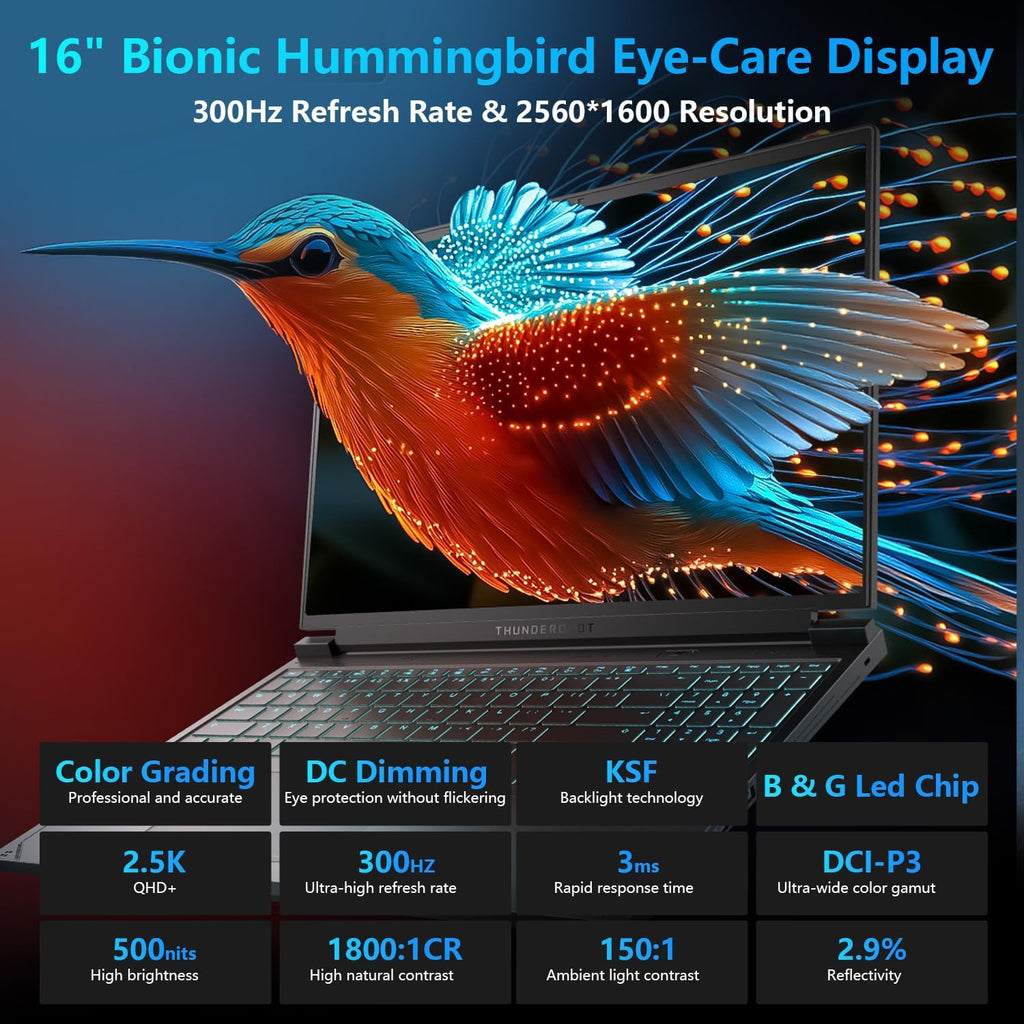 Thunderobot Radiant 16S R9 5060 300Hz Gaming Laptop, 16' QHD+ 2.5K, AMD Ryzen 9 7945HX, GeForce RTX 5060, up to 300Hz Hummingbird Display, 16GB DDR5, 1TB SSD, RGB Backlit KB, Wi-Fi 6, Win 11 Home