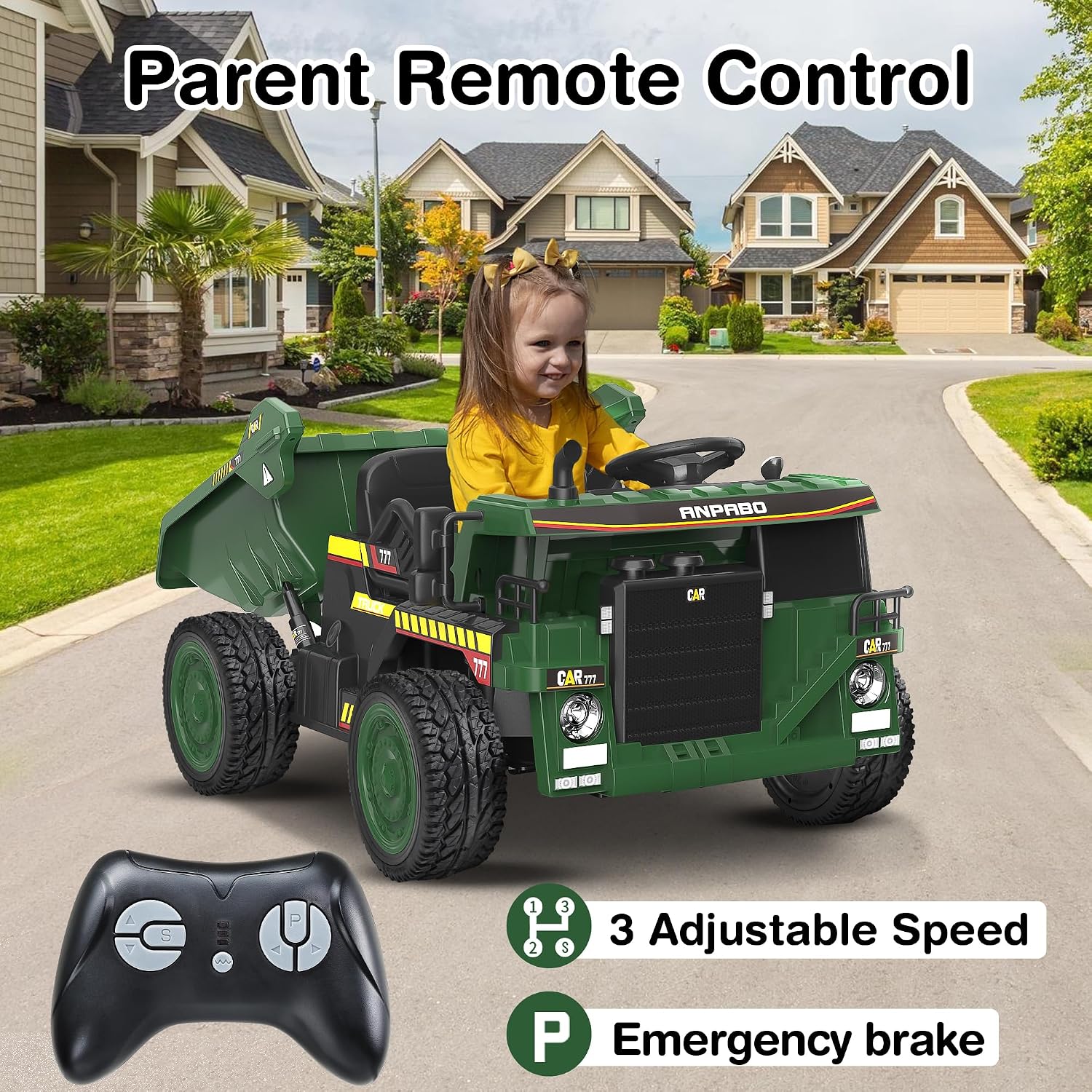 ANPABO 24V Ride On Dump Truck, 2X75W Powerful Motors, Up to 4.4Mph, EVA Tires, Construction Vehicle w/Electric Dump Bed and Extra Shovel, 19' Spacious 2 Seater, Kids Car w/Parent Remote -DarkGreen