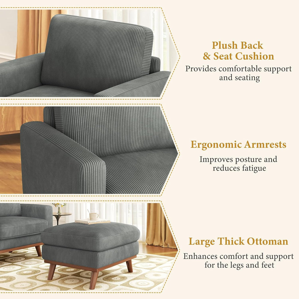 Vesgantti 38.5' Accent Chair with Movable Ottoman, Comfy Corduroy Armchair with Spring Cushion, Reading Chair with Ottoman, Modern Single Sofa for Living Room, Bedroom and Apartment, Dark Gray