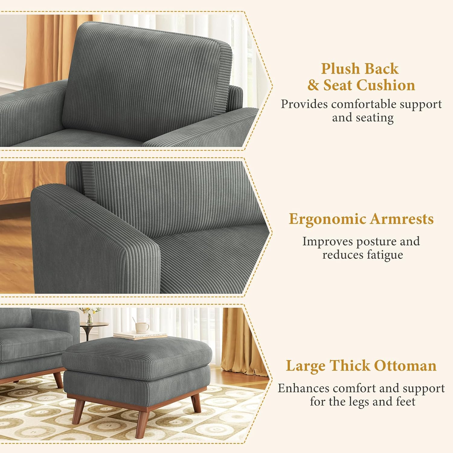 Vesgantti 38.5' Accent Chair with Movable Ottoman, Comfy Corduroy Armchair with Spring Cushion, Reading Chair with Ottoman, Modern Single Sofa for Living Room, Bedroom and Apartment, Dark Gray