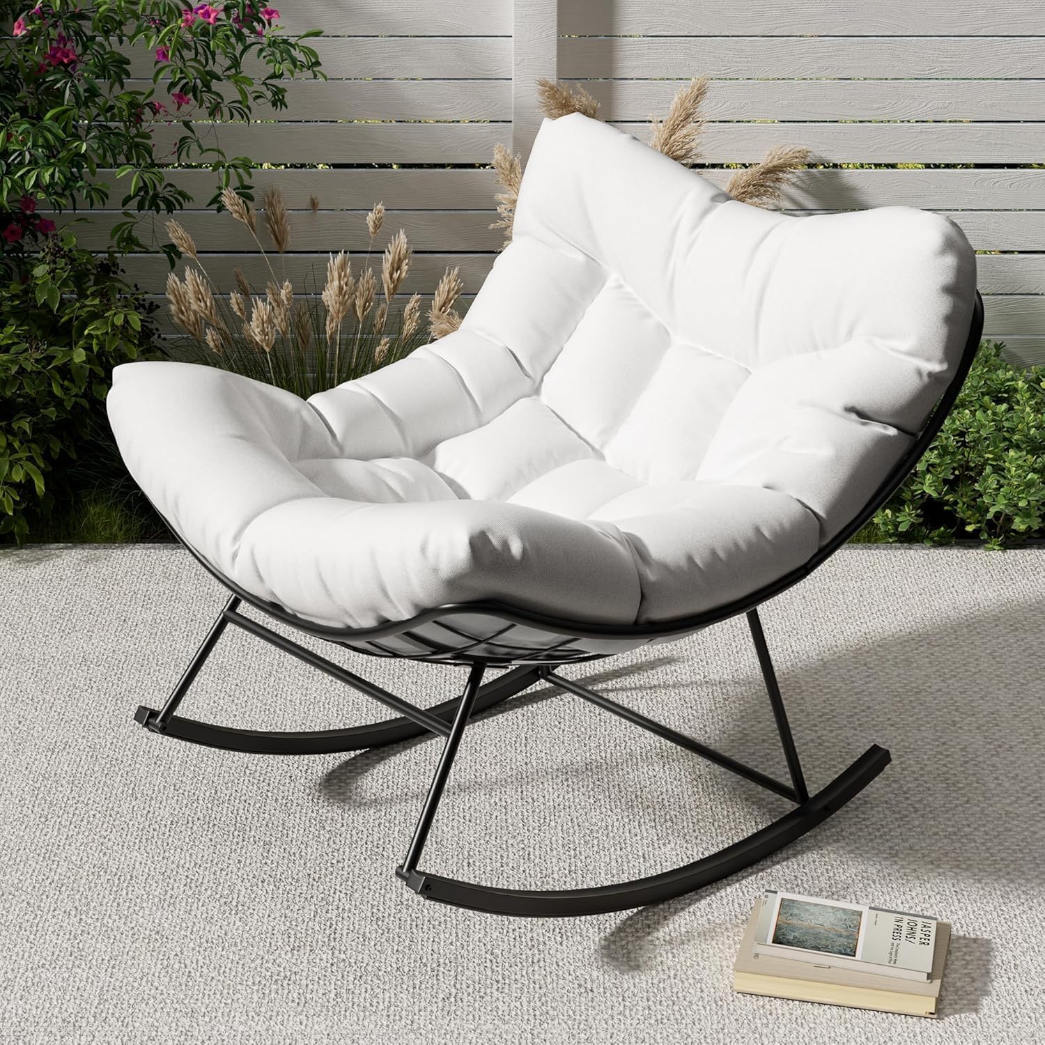 GarveeHome Outdoor Papasan Rocking Chair Oversized Patio Rocker with Sturdy Metal Frame Rattan Egg Style for Balcony Backyard Porch 40 * 28 * 34In White