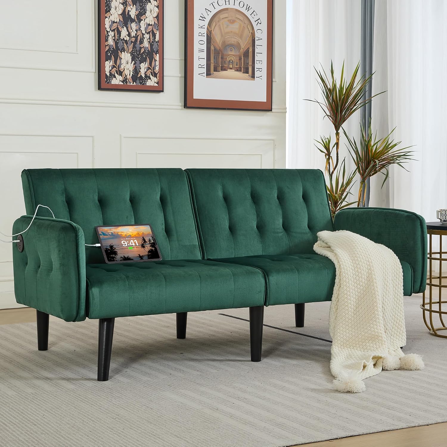 TYBOATLE 65' W Velvet Modern Convertible Folding Futon Couch Sofa Bed w/ 2 USB Charging Ports and arms, Loveseat for Living Room, Office, Apartment, Bedroom (Green)