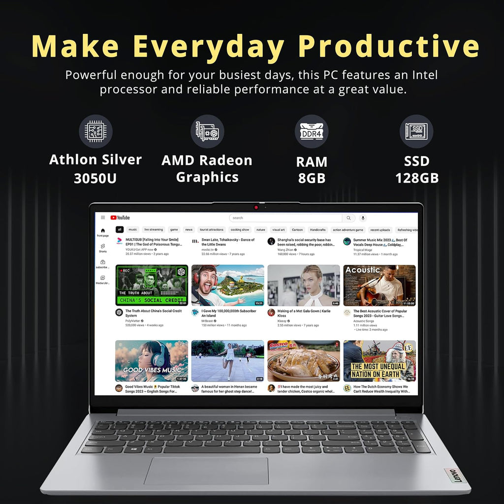 Lenovo IdeaPad 1 15.6' HD Laptop, AMD Athlon Silver 3050U Processor, 8GB RAM, 128GB PCIe SSD, AMD Radeon Graphics, Numeric Keypad, HD Webcam, HDMI, WiFi 6, Grey, Windows 11 (Renewed)