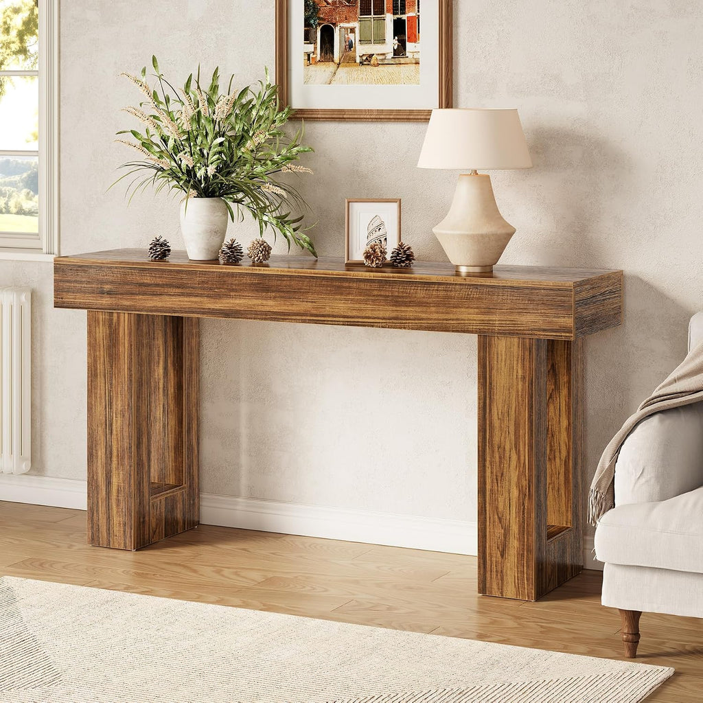 LITTLE TREE 63-Inch Long Console Tables for Entryway, Large Sofa Table Behind Couch, Wooden Entry Foyer Hallway Table, Industrial Console Sofa Tables for Living Room, Rustic Brown