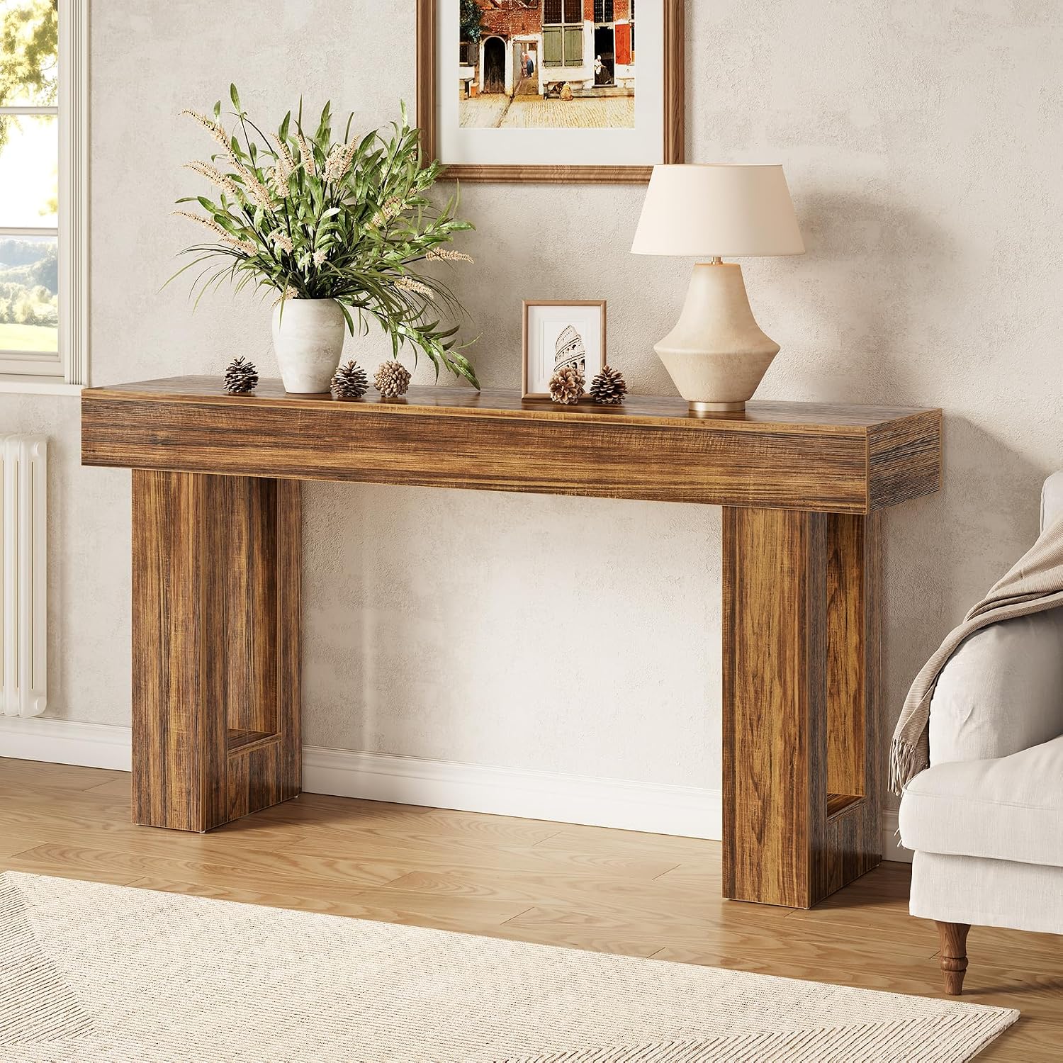 LITTLE TREE 63-Inch Long Console Tables for Entryway, Large Sofa Table Behind Couch, Wooden Entry Foyer Hallway Table, Industrial Console Sofa Tables for Living Room, Rustic Brown