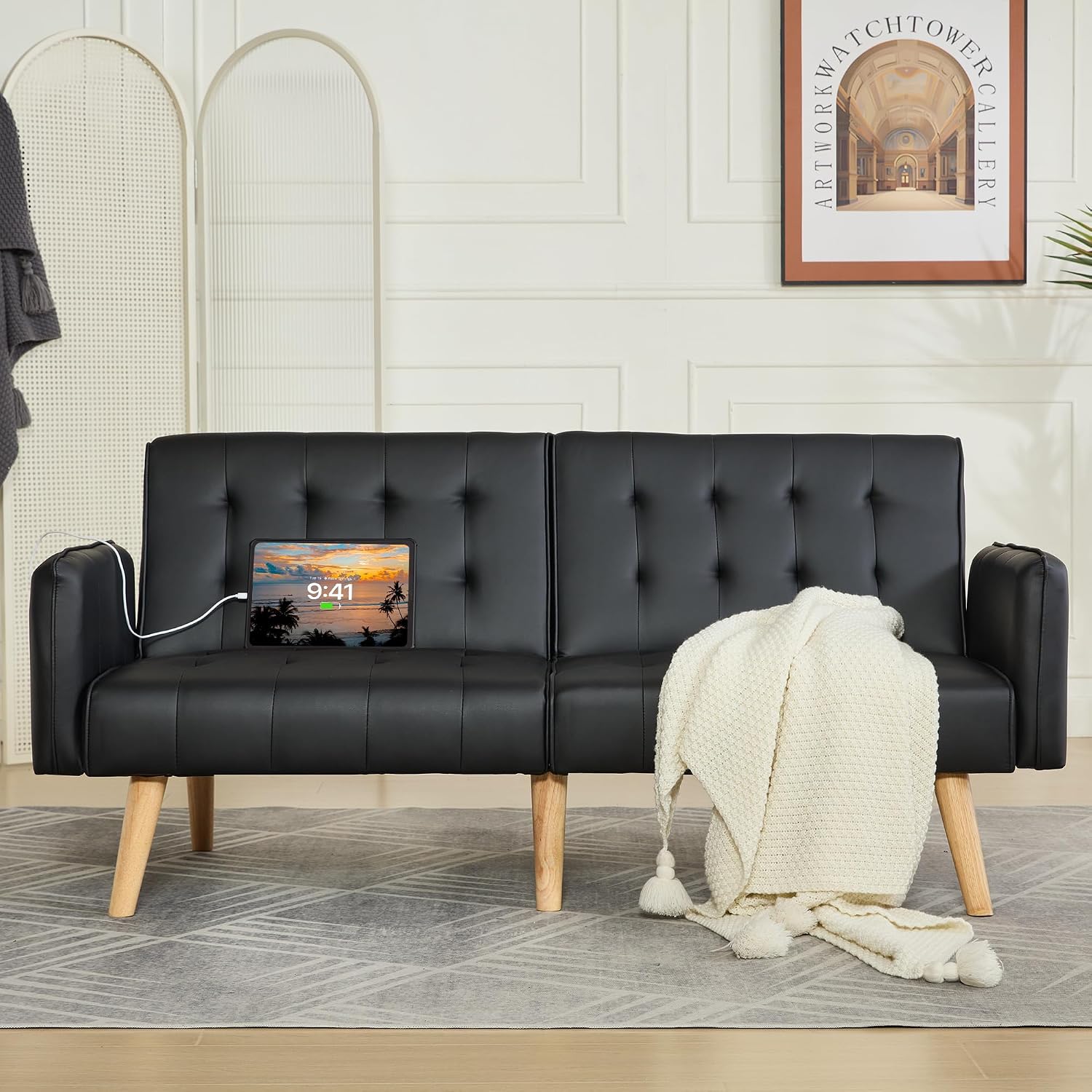 TYBOATLE Faux Leather Convertible 65'' Folding Futon Sofa Bed w/ 2 USB, Loveseat for Small Space, Apartment, Dorm, Living Room, Office, Black