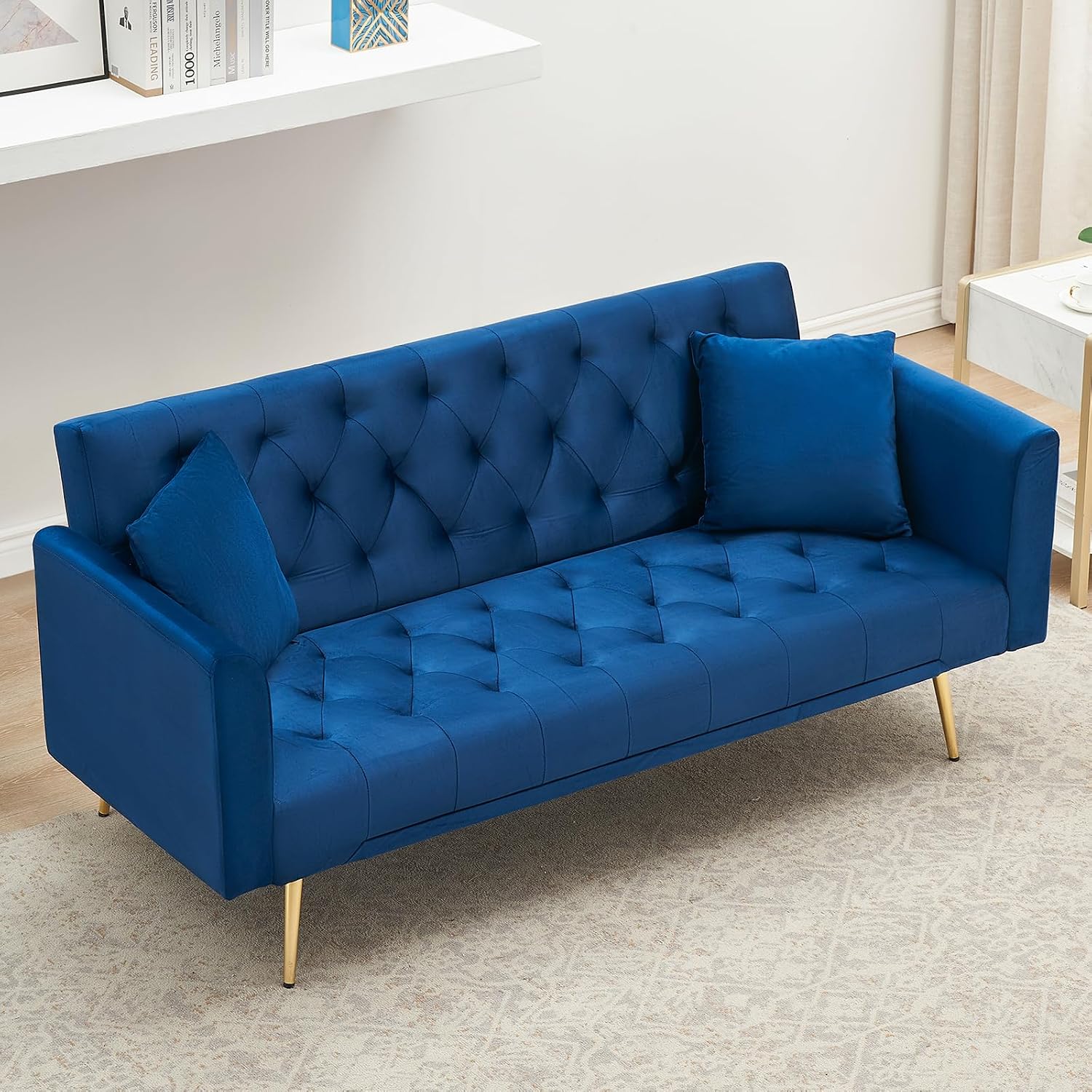 71' Modern Velvet Sofa Bed Futon, Convertible Sleeper Couch with Adjustable Backrest, Tufted Recliner Loveseat with Golden Chrome Legs & 2 Pillows for Small Spaces, Living Room, Apartment (Blue)