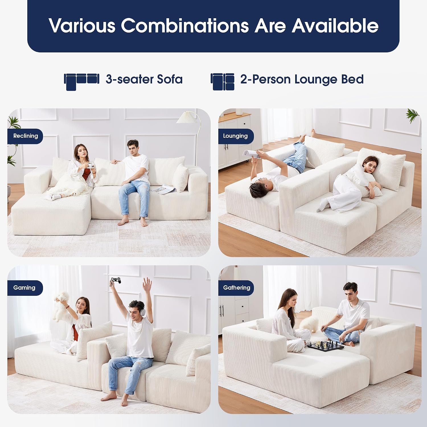 KINGYES 107'' Modular Sectional Sofa, L Shaped Cloud Couch for Living Room, Modern Plush Corduroy Boneless Sofa with Chaise for Bedroom, Beige