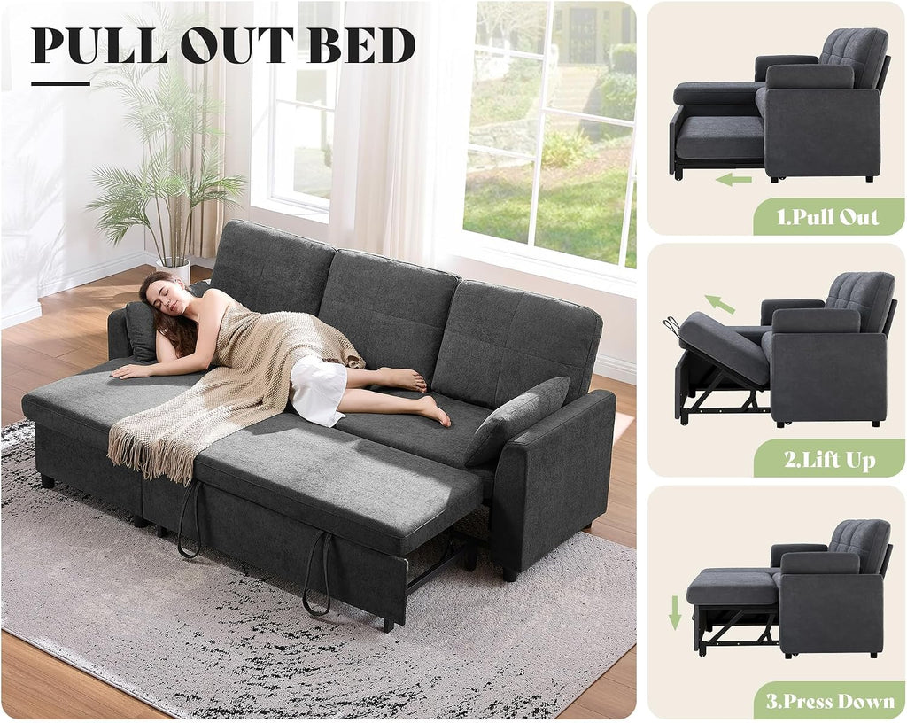 AMEILIFE Sofa Bed, Sleeper Sofa with Storage Chaise, Convertible Sofa Bed with Pull Out Couch, l Shaped Couch for Living Room-Gray Linen