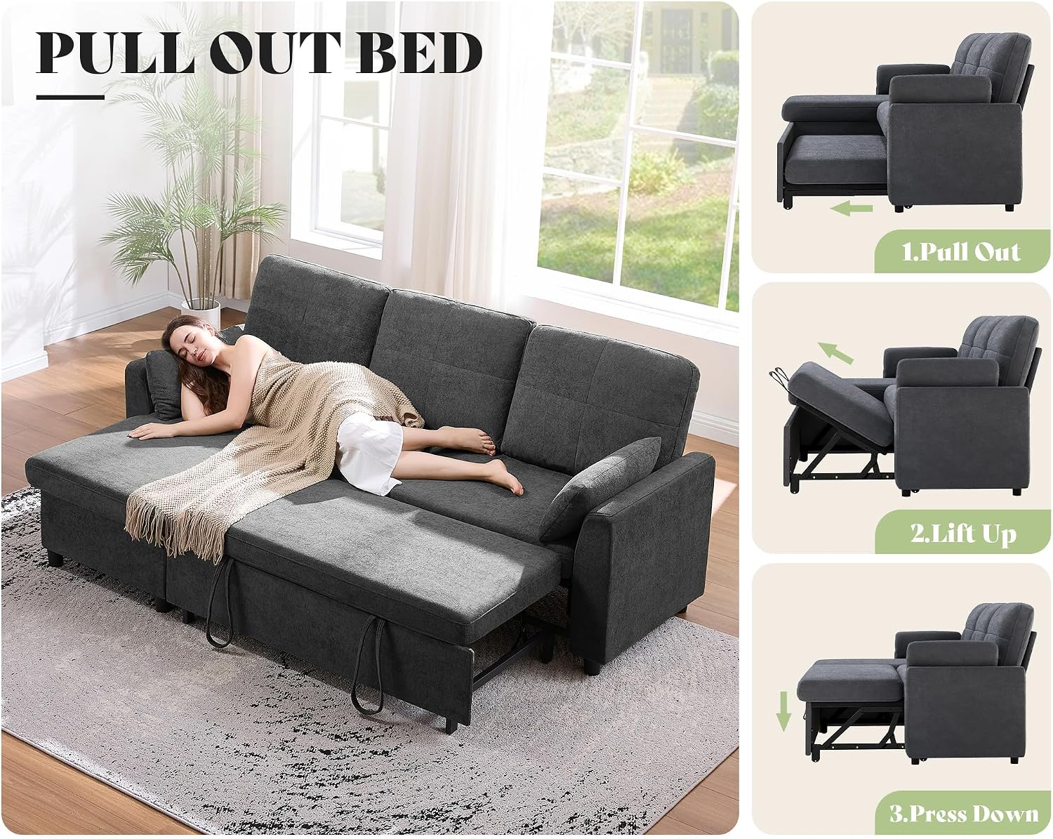 AMEILIFE Sofa Bed, Sleeper Sofa with Storage Chaise, Convertible Sofa Bed with Pull Out Couch, l Shaped Couch for Living Room-Gray Linen