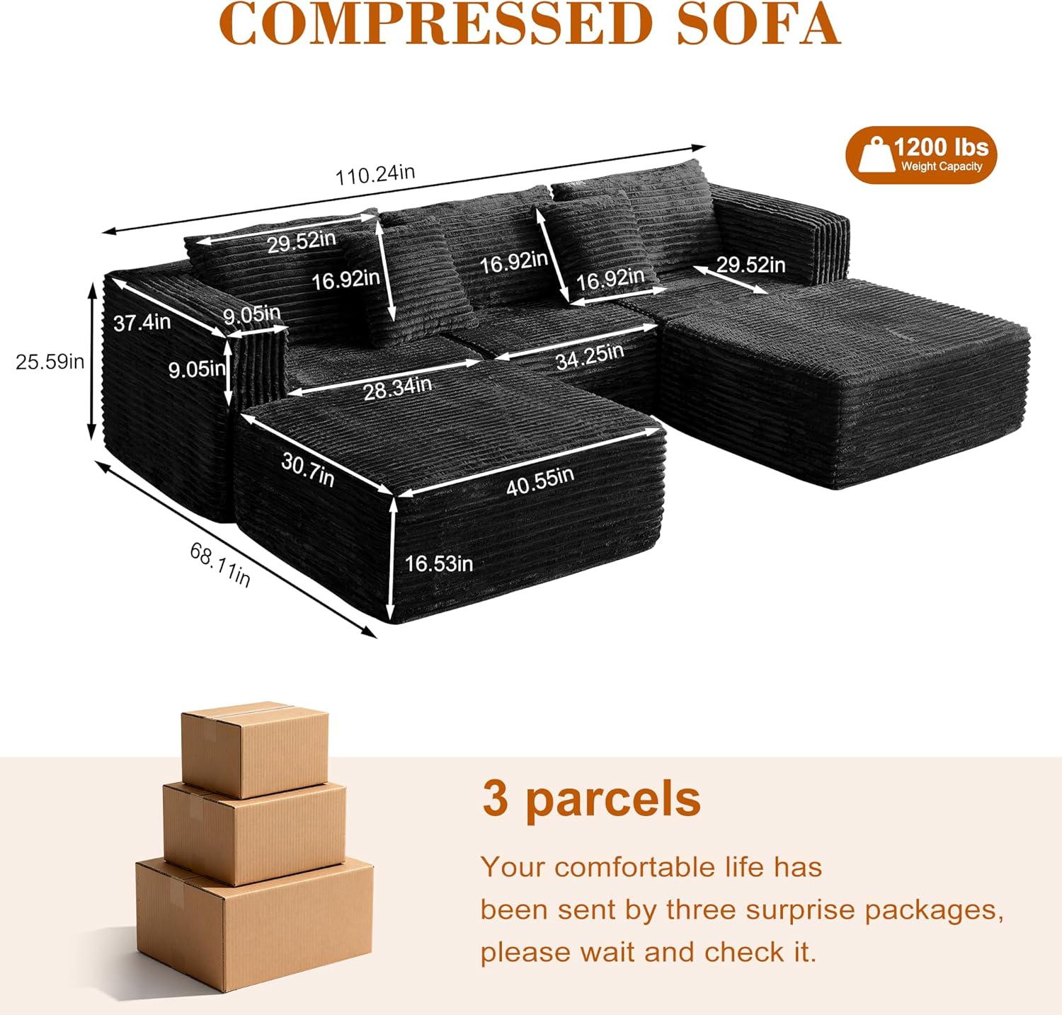 110 Corduroy Modular Sectional Boneless Sofa with 2 Ottomans, Convertible Cloud Couch with Deep Seats, Fluffy Memory Foam U Shaped Couch for Living Room, No Assembly Required (Black)