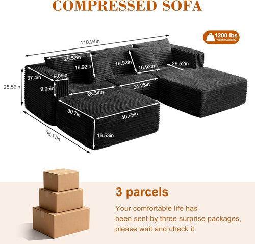 110 Corduroy Modular Sectional Boneless Sofa with 2 Ottomans, Convertible Cloud Couch with Deep Seats, Fluffy Memory Foam U Shaped Couch for Living Room, No Assembly Required (Black)