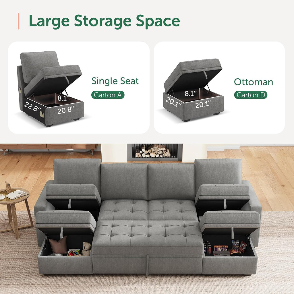 HONBAY Modular Sectional Sleeper Sofa with Pull Out Bed,U Shaped Couch with Storage Seat,Sectional Couches for Living Room,Warm Grey