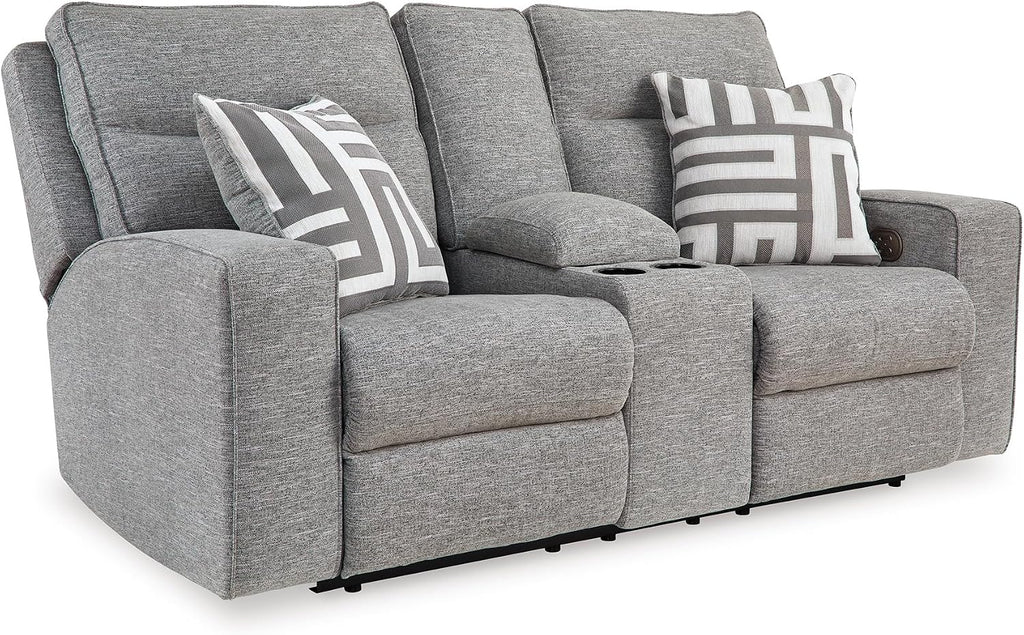 Signature Design by Ashley Biscoe Casual UV Resistant Power Reclining Loveseat with Console, Adjustable Headrest and USB Ports, Light Gray
