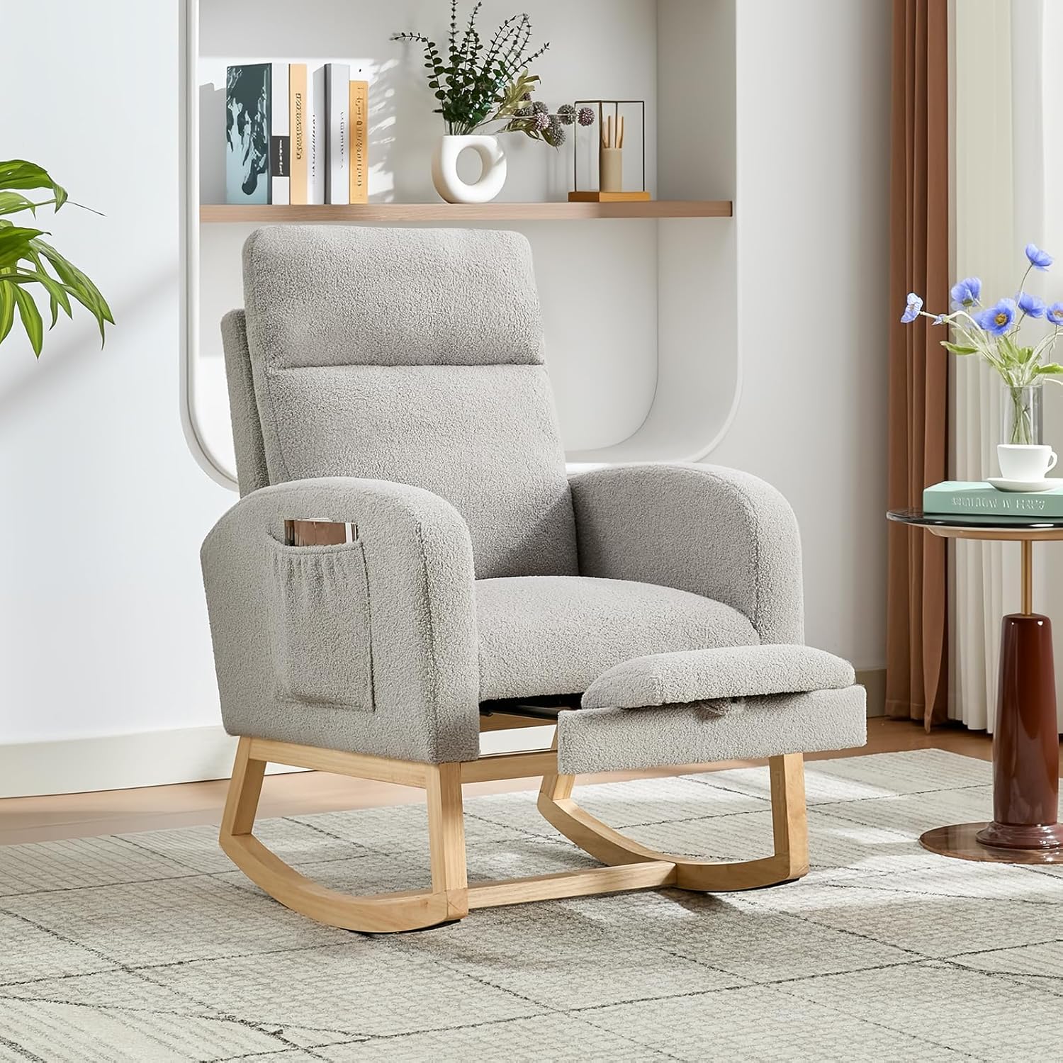 Nursery Rocking Chair with Foot Rest,Modern PU Upholstered Reading Glider Chair,High Backrest & Side Pocket for Living Room, Bedroom, Baby Room