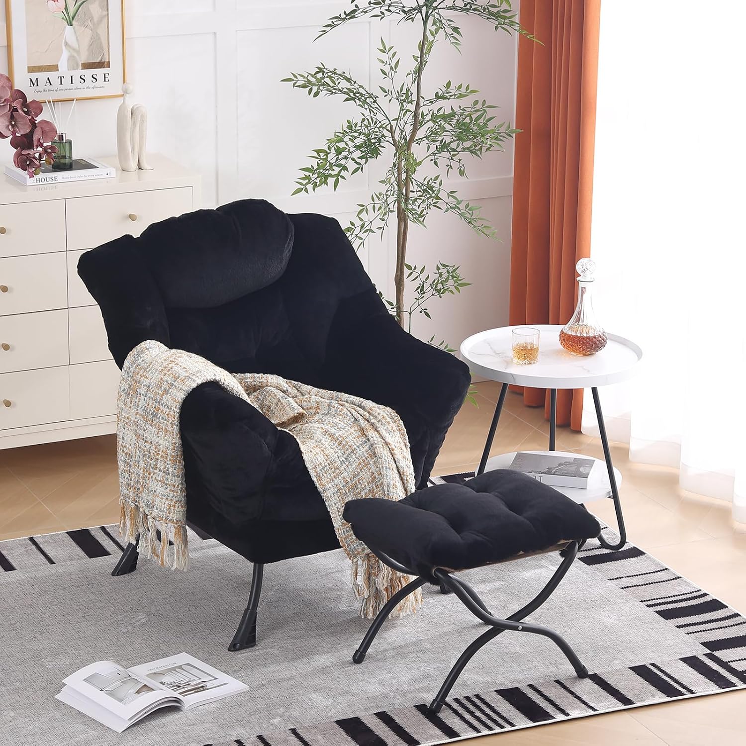 Furlide Lazy Chair with Ottoman, Modern Accent Chair with Armrests and a Side Pocket, Plush Black Accent Chairs, Reading Chairs, Oversized Armchairs for Bedroom, Study, Living Room, Courtyard