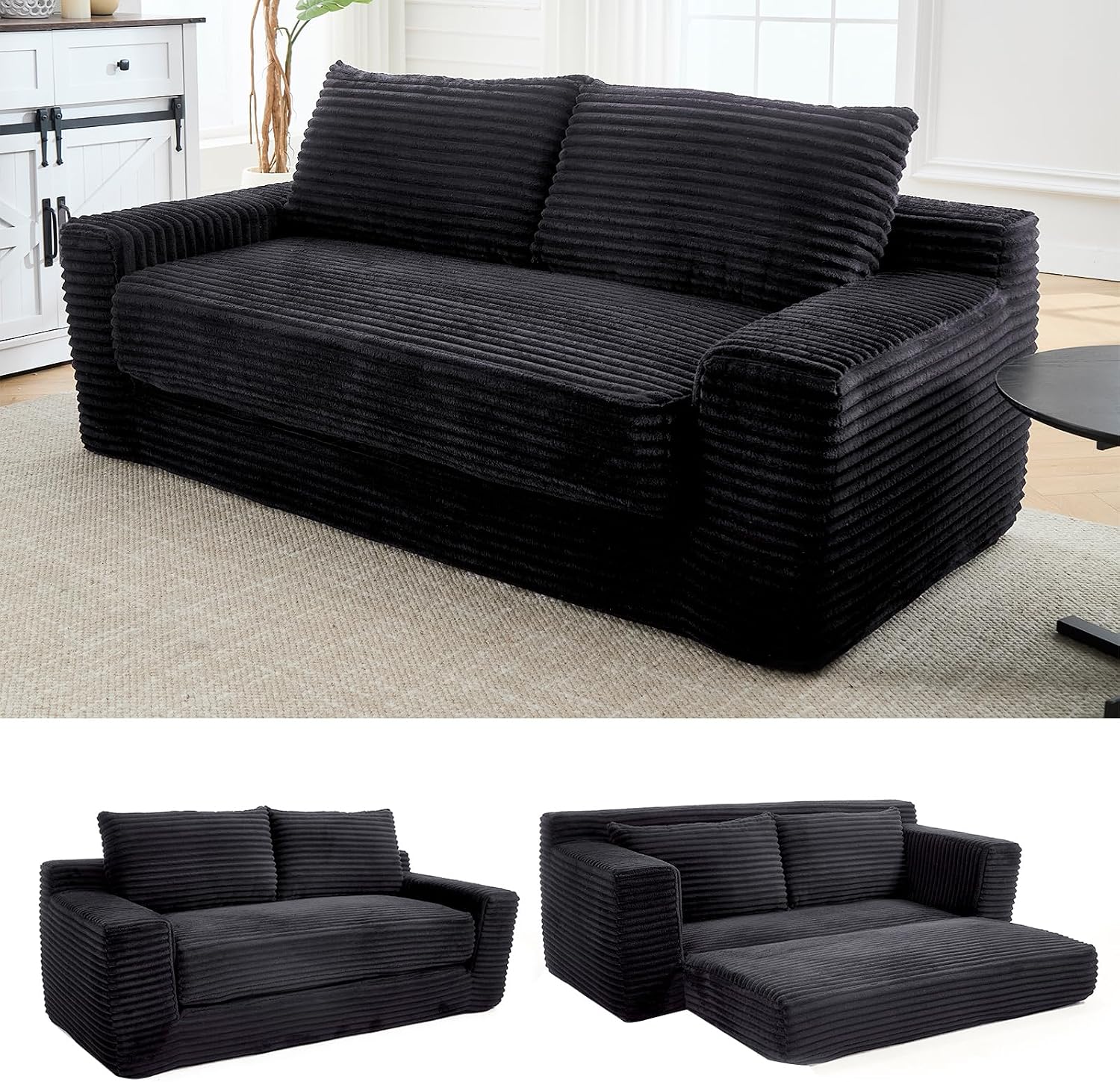 GNIXUU 71' Corduroy Cloud Loveseat Sofa, 2 in 1 Convertible Sleeper Sofa with Fixed-Shape Frame, Comfy Folding Boneless Love Seat Couches for Living Room, Apartment, Small Spaces Drak Grey